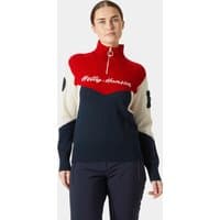Navy Helly Hansen women's knitted sweater with red collar, white sleeves, and logo on chest, size M.