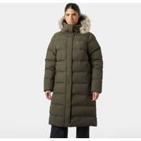 Green Helly Hansen women's Aria long parka, size S, with fur-trimmed hood and quilted design.