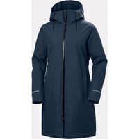 Navy Helly Hansen women's long hooded raincoat, waterproof with front zipper, XL size, featuring sleek design.