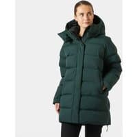 Green Helly Hansen women's oversized puffy parka, hooded, quilted design, front zipper, size XL.
