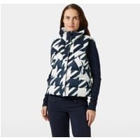 Navy Helly Hansen women's down vest with abstract white pattern, high collar, and front zipper, size XL.