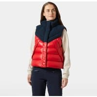 Red Helly Hansen women's down vest with high collar, black yoke, and quilted design, size M.