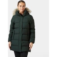 Green Helly Hansen women's puffy parka with fur-trimmed hood and quilted design, size M.