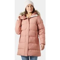 Pink Helly Hansen women's puffy parka with faux fur hood trim, quilted design, and front zipper closure.