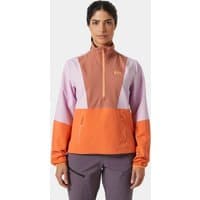 Orange Helly Hansen women's anorak with lilac sleeves, front zip, and logo on chest, size L.