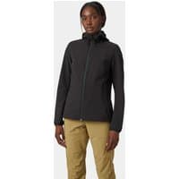 Black Helly Hansen women's jacket with hood, front zipper, and elastic cuffs, worn by model, size L.