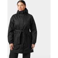 Black Helly Hansen women's insulated trench coat with hood, waist belt, and front pockets, size M.