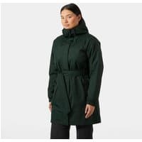 Green Helly Hansen women's insulated trench coat with hood, belt, and long sleeves, size S.