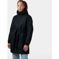 Navy insulated trench coat with hood, waist belt, and front zipper, worn by a model.