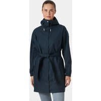 Navy Helly Hansen women's trench coat with hood, waist belt, and buttoned cuffs, size L.