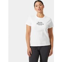 White Helly Hansen women's T-shirt with black logo text on chest, short sleeves, crew neck, size XS.