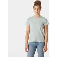 Green Helly Hansen Women's Core T-shirt 2.0, short sleeves, crew neck, subtle logo on chest, size L.