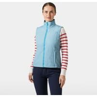 Blue Helly Hansen women's Crew Insulator 2.0 vest with high collar, quilted texture, and front zipper, size L.