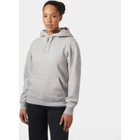 Grey Helly Hansen women's hoodie with drawstring hood, front pocket, and ribbed cuffs, size M.