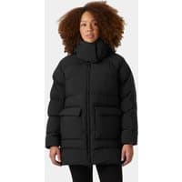 Black Helly Hansen women's puffy parka, size S, with high collar, quilted design, and front pockets.