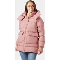 Pink Helly Hansen women's puffy parka with large hood, front zipper, and two flap pockets, size M.