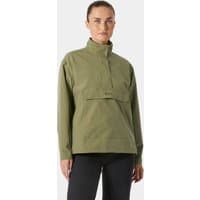 Green Helly Hansen women's anorak, XS, with high collar, front flap pocket, and relaxed fit.
