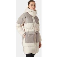 White Helly Hansen women's down coat with gray accents, hood, and waist belt, featuring large front pockets.
