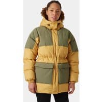 Beige Helly Hansen women's down parka, hooded, with green accents and large front pockets, size M.