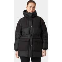 Black Helly Hansen women's down parka with hood, large front pockets, and adjustable waist, size L.