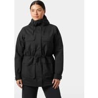 Black Helly Hansen women's parka with hood, front pockets, waist drawstring, and insulated design, size small.