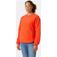 Red Helly Hansen women's teddy sweater, medium size, with long sleeves and crew neck, worn by a model.