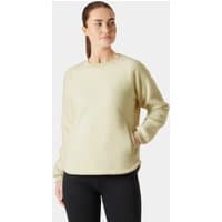 White Helly Hansen women's teddy sweater, medium size, with long sleeves and a crew neck.