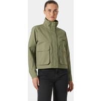 Green Helly Hansen women's utility jacket, XL, with high collar, front zipper, and large flap pockets.