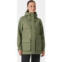 Green Helly Hansen women's raincoat with hood, front zipper, and multiple pockets, size XL.