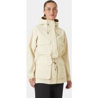 White Helly Hansen women's raincoat with hood, front zipper, drawstring waist, and large front pockets.