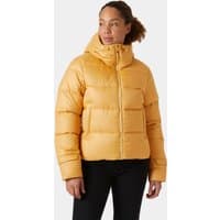 Beige Helly Hansen women's down jacket, hooded, quilted design, front zipper, size L.