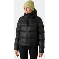 Black Helly Hansen women's down jacket, hooded, quilted design, zip closure, size L.
