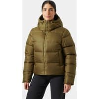 Brown Helly Hansen women's down jacket with hood, quilted pattern, and front zipper, size M.