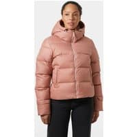 Pink Helly Hansen women's down jacket with hood, quilted design, and front zipper closure.