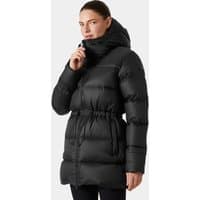 Black Helly Hansen women's down parka with hood, quilted design, and waist cinch, size L.