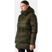 Green Helly Hansen women's down parka with hood, front zipper, and adjustable waist, size L.