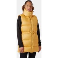 Beige Helly Hansen women's down vest, puffy design, high collar, sleeveless, front zipper, size XL.