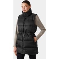 Black Helly Hansen women's down vest with high collar, front zipper, and adjustable waist, worn by a model.