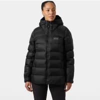 Black Helly Hansen women's down jacket with hood, quilted design, and front zipper, size L.