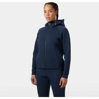 Navy Helly Hansen women's sailing jacket, full-zip, hooded, with sleek design and adjustable cuffs, size L.