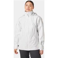 White Helly Hansen women's sailing jacket with hood, zip closure, and adjustable cuffs, size L.