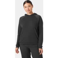 Gray Helly Hansen women's quick-dry hoodie, long sleeves, small size, with a relaxed fit and subtle logo on chest.