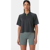 Gray Helly Hansen women's crop polo with zip front, short sleeves, and relaxed fit.
