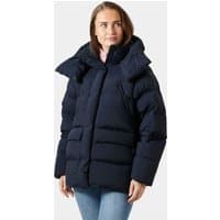Navy Helly Hansen women's puffer jacket with hood, quilted design, and front zipper, size medium.