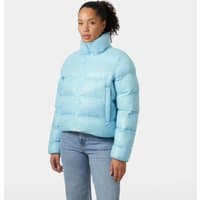 Blue Helly Hansen women's puffer jacket with high collar, zip pockets, and quilted design, size L.