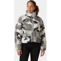 Grey Helly Hansen women's puffer jacket with abstract pattern, high collar, and front zipper, size XL.