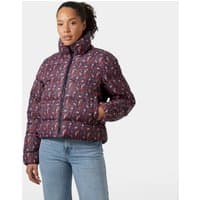 Navy Helly Hansen women's puffer jacket with high collar, zip closure, and quilted design.