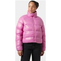 Pink Helly Hansen women's puffer jacket with high collar and quilted design, size XL.