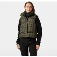 Brown Helly Hansen women's vest, quilted pattern, high collar, sleeveless, size L, worn over black long-sleeve shirt.