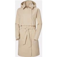 Beige Helly Hansen women's trench coat with hood, double-breasted buttons, and waist tie.
